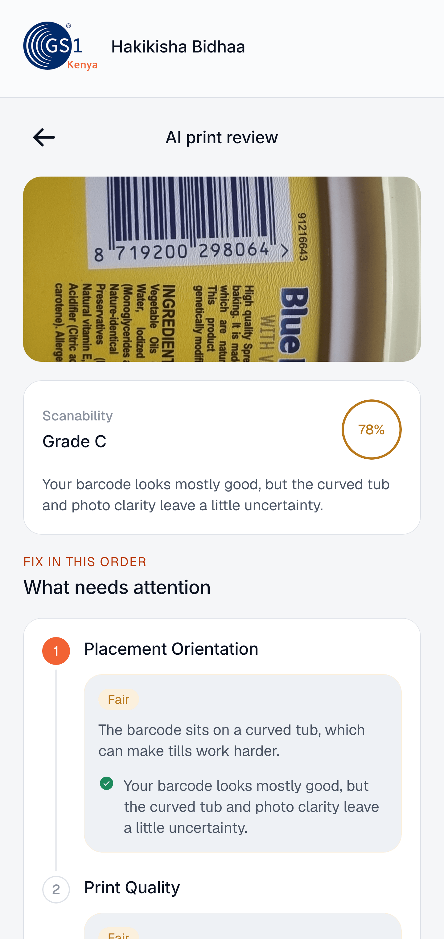 The print review shows the grade, the score, and what to fix