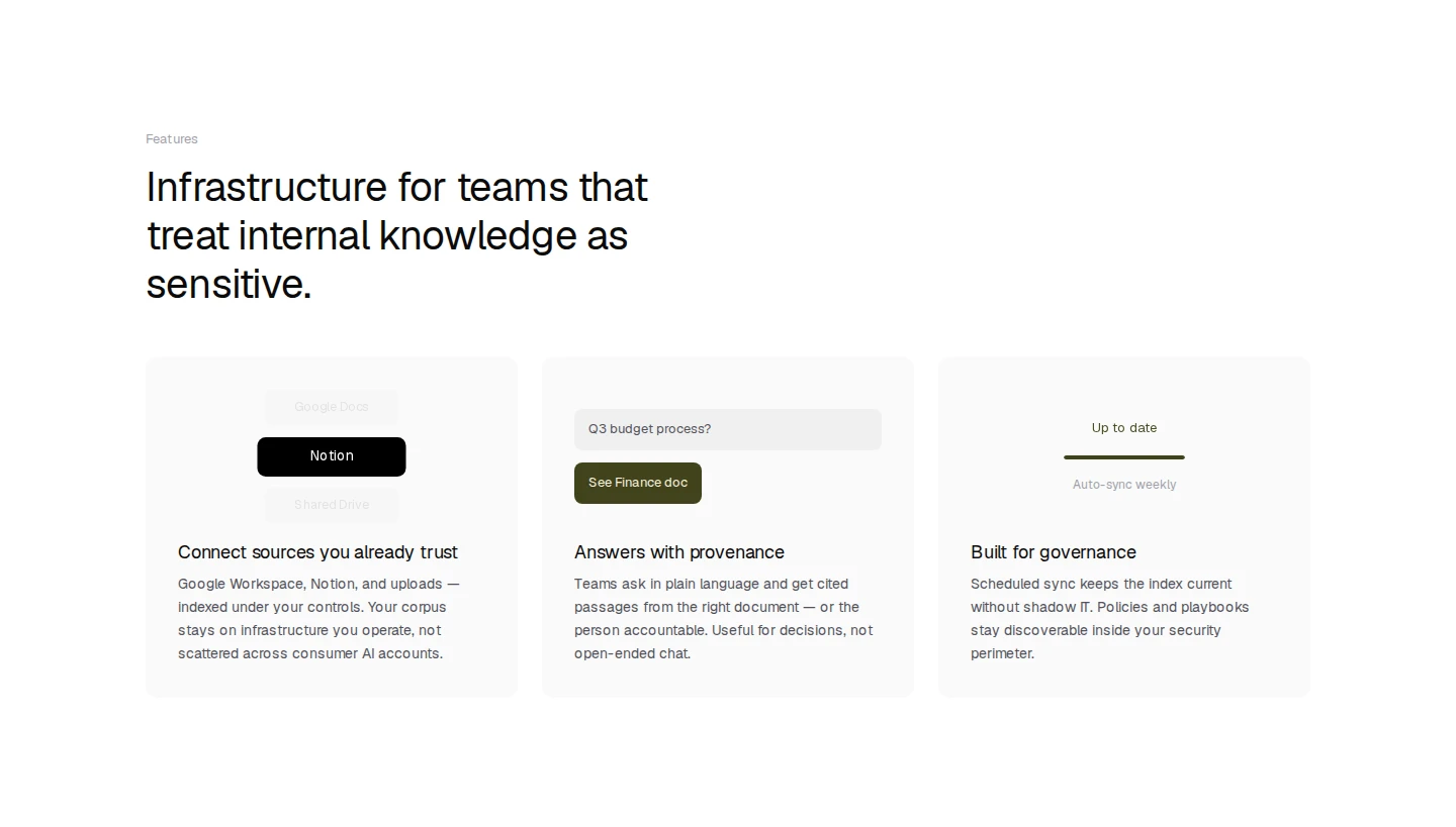 The public feature section explains source connections and cited answers through illustrative previews.